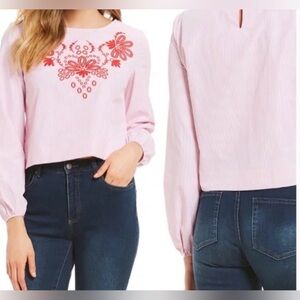 Daniel Cremieux Pink and White Striped Shirt with Red Embroidery